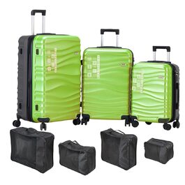 Набір валіз DMS® 7-елементів: 3 валізи (M/L/XL) з ABS-пластику, 360° колеса, кодовий замок + 4 чохли для одягу. Легкий, міцний, розширюваний, для подорожей та бізнесу (світло-зелений)