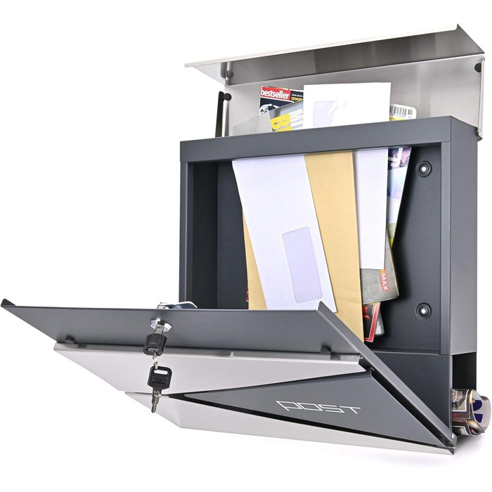 Поштовий ящик Verda з газетницею, нержавіюча сталь, антрацит, 2 ключі - дизайнерський настінний поштовий ящик з прихованим замком