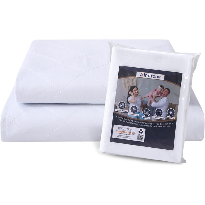 Aimtton 2-Pack Washable Incontinence Pad 86 x 132 cm Absorbent Nonwoven Mattress Cover Waterproof and Washable, Blue-White