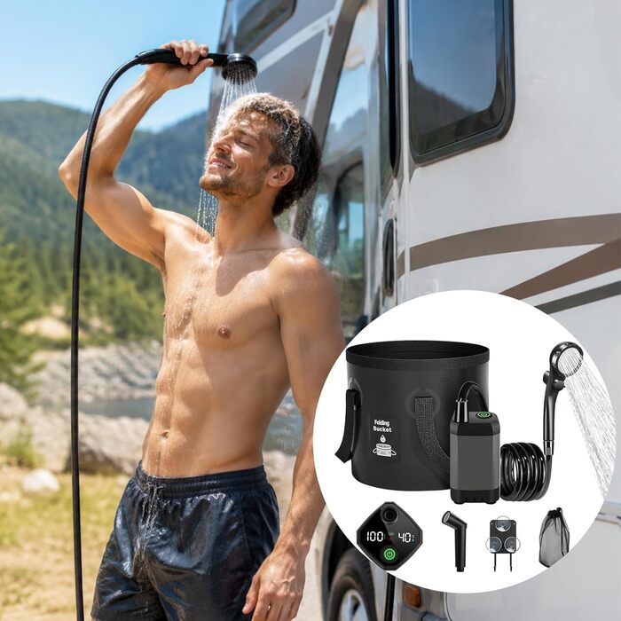 Camping Dusche 2026: Портативний душ для кемпінгу з акумулятором, 6000mAh, 3 режими, 5 галонів, складаний водостік для подорожей та походів