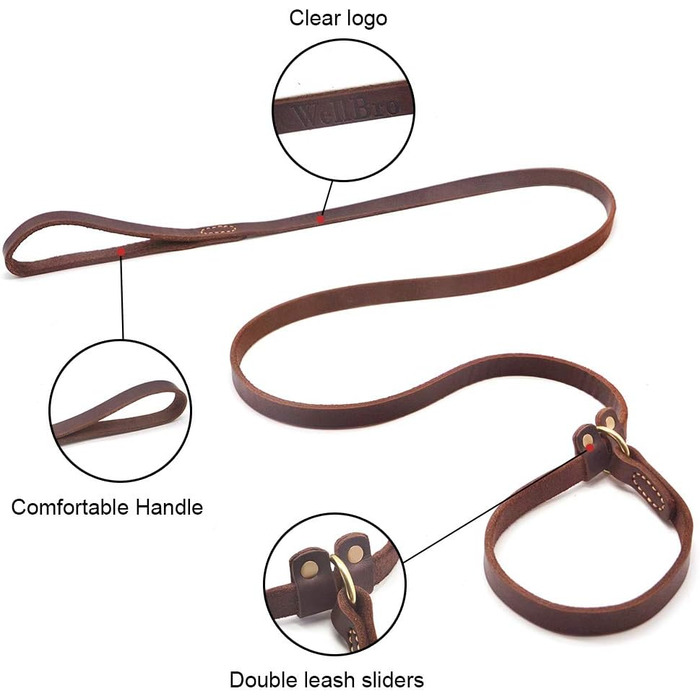 Wellbro Dog Leash made of Genuine Leather, Soft, Adjustable Pet Retriever Leash with Slider, Durable, 1.8 m long x 1.8 cm wide, Brown (brown, 5 Feet)