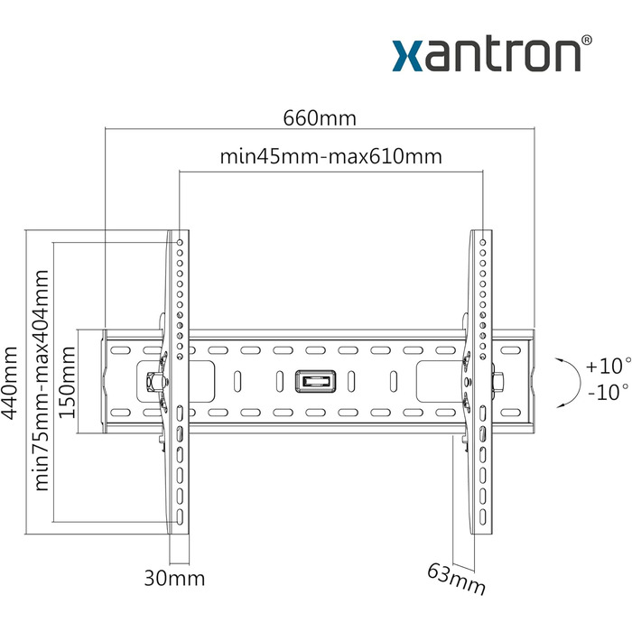 Кронштейн для телевізора Xantron STRONGLINE-42N настінний, похилий, 37-75 дюймів, VESA до 600x400, до 75 кг, мінімальна відстань від стіни, з монтажним комплектом