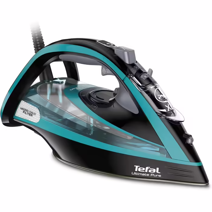 Парова праска Tefal Ultimate Pure FV9844, 3200 Вт, мікрофільтр від накипу, підошва Durilium Airglide Autoclean, авто-відключення, резервуар 0.35 л, чорна/синя