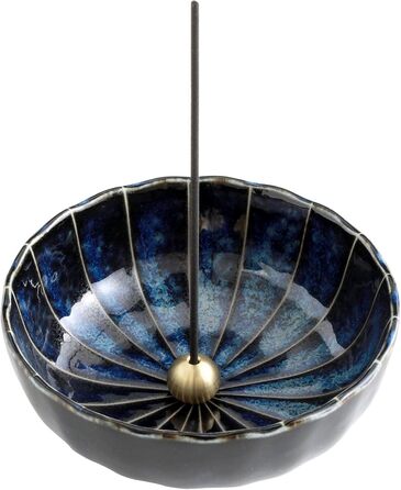 Asayu Japan Incense Holder - Blue Lotus - For 10cm Incense Sticks, Made in Japan, Traditional Ceramic Ash Catcher, Includes Removable Brass Stand - For Yoga, Meditation, and Relaxation