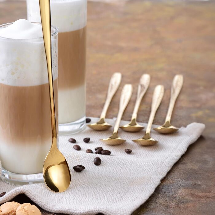 Льодогенератор та ложка для лате-макіато Gräwe з нержавіючої сталі, довга ложка для кави, десертів та холодного чаю, придатна для миття в посудомийній машині, золотиста
