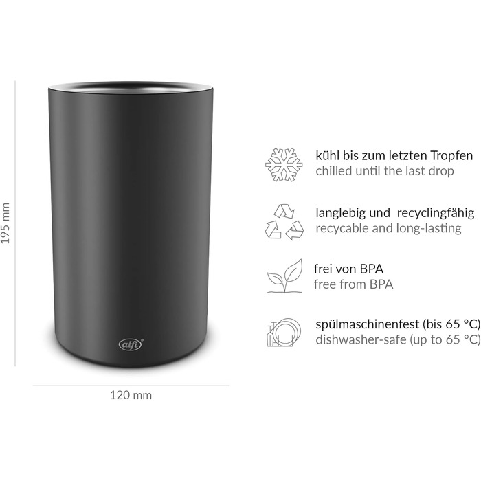 alfi SECCO, Stainless steel bottle cooler for 0.70 to 1l bottles, wine, sparkling wine, keeps drinks cool without condensation or ice cubes, cool drinks to the very last drop, dishwasher-safe, BPA-free (Velvet Black Mat, cylindrical)