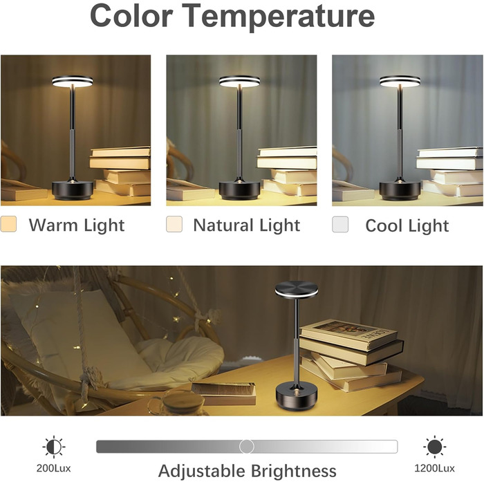 Світлодіодна настільна лампа Hapfish акумуляторна, бездротова, з димером, 5000mAh, 3 режими освітлення, водонепроникна IP54, для столу, вулиці, спальні - комплект 2 шт. Чорна