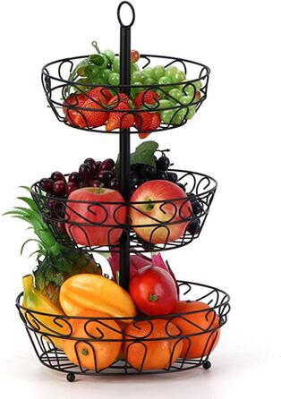 Металева етажерка для фруктів Stöckig 3 яруси - кошик для зберігання фруктів, чорний, для кухні, вітальні, офісу