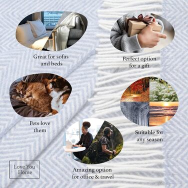 LYHome Merino Blanket - Throw Blanket, Daybed Blanket, Sofa Wool Blanket, Blanket Coverlet, Living Room Blanket, Fluffy Couch Blanket, Merino Blanket, Fluffy Warm Throw (140x200 cm | Blue - White Chevron)