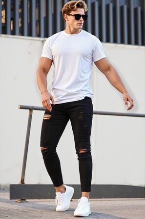 Чоловічі рвані джинси GINGTTO Skinny Stretch Denim Slim Fit, чорні, 32W/30L