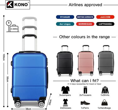 Валіза ручної поклажі KONO з колесами, жорсткий корпус, Trolley 55x38x22 см, 33 літри, ABS, блакитний