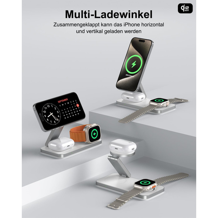 Бездротовий зарядний пристрій 25W MagSafe 3-в-1, складна станція для iPhone 17e/17/16/15/14/13/12/Air, Apple Watch та AirPods Pro (Білий)