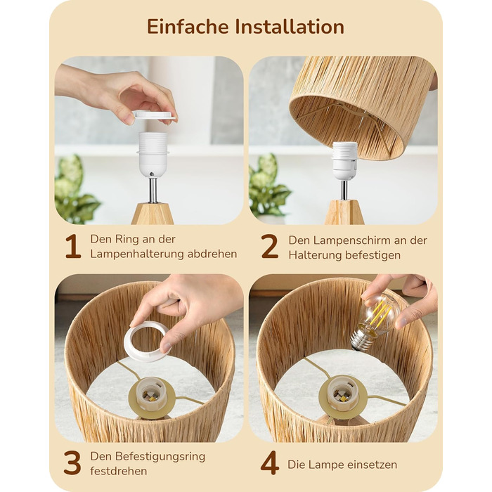 EDISHINE Настільна лампа з ручним плетінням, тепле світло 2700K, з дерев'яною підставкою, Boho стиль, для спальні, вітальні, готелю, з LED лампою E27 4W (рафія)