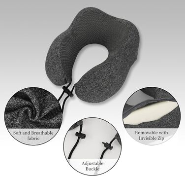 Подушка для шиї з Memory Foam, підтримка голови, набір для подорожей: маска для сну, навушники, чохол, м'яка подушка для сну в авто, літаку, офісі та вдома (Сірий)