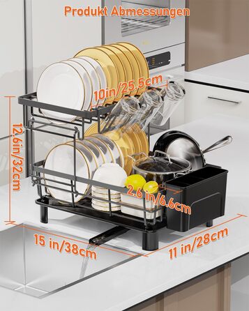 LIONONLY Dish Drainer Rack, Small 2-Tier Dish Rack with Drip Bowl, Stainless Steel Dish Drainer with Utensil Holder, Drink Holder and Swivel Spout, Dish Drying Rack Kitchen