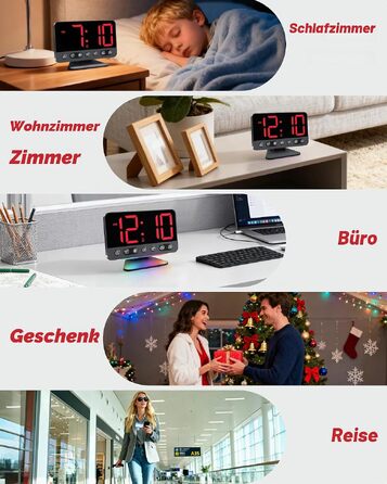 Цифровий будильник LED з RGB-підсвіткою, потужний сигнал 30-110 дБ для міцного сну, USB-порт, функція Snooze, настільний годинник (Червоний)