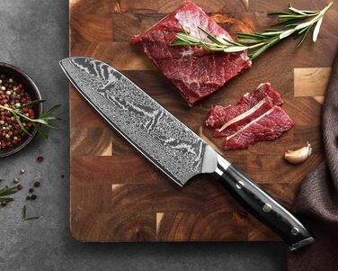 Японський ніж Wakoli Nitoko Santoku 18 см з дамаської сталі (67 шарів) VG10, HRC 60, G10 руків'я, Full Tang, для чистих нарізок, у подарунковій коробці