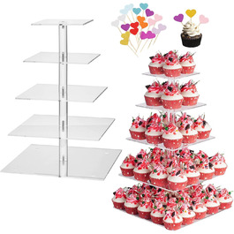Підставка для капкейків з акрилу на 5 ярусів, 20 шпильок, прозора, для тортів та десертів, весілля, дні народження, барні вечірки, квадратна
