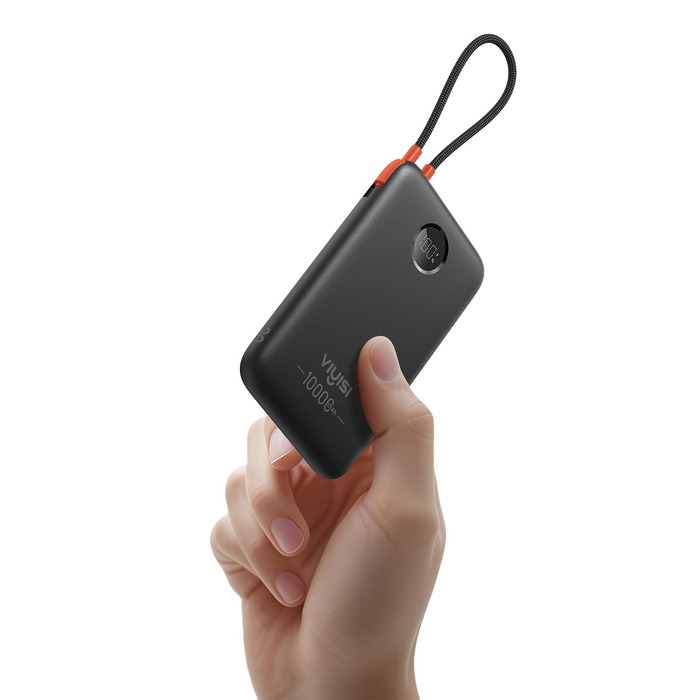 Повербанк VIYISI 10000mAh ультратонкий із вбудованим кабелем USB-C, чорний