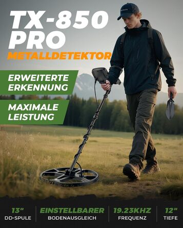 Металошукач професійний для дорослих Metalldetektor з 13'' водонепроникною котушкою DD, частота 19.23 кГц для пошуку срібла та золота, регульована балансування ґрунту, 3 режими пошуку, глибина виявлення 12''