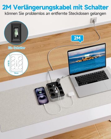 Мережевий фільтр 6-фазний з USB (3 USB-A, 3 USB-C), настінний, з вимикачем та кабелем 2м, захист від перенапруги, чорний