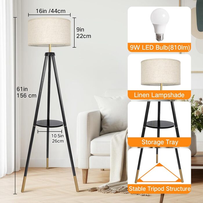 LED торшер OUTON з регулюванням яскравості, тринога, дерево, з полицею, пульт, 4 колірні температури, таймер 1 година, чорний/золотий, з бежевим абажуром для вітальні, спальні, офісу