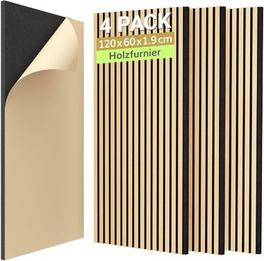 Акустичні панелі TONOR з шпонату дерева, 2,88м² (4 шт.), 120x60x1,9 см, 3D, для декору та звукоізоляції, дуб