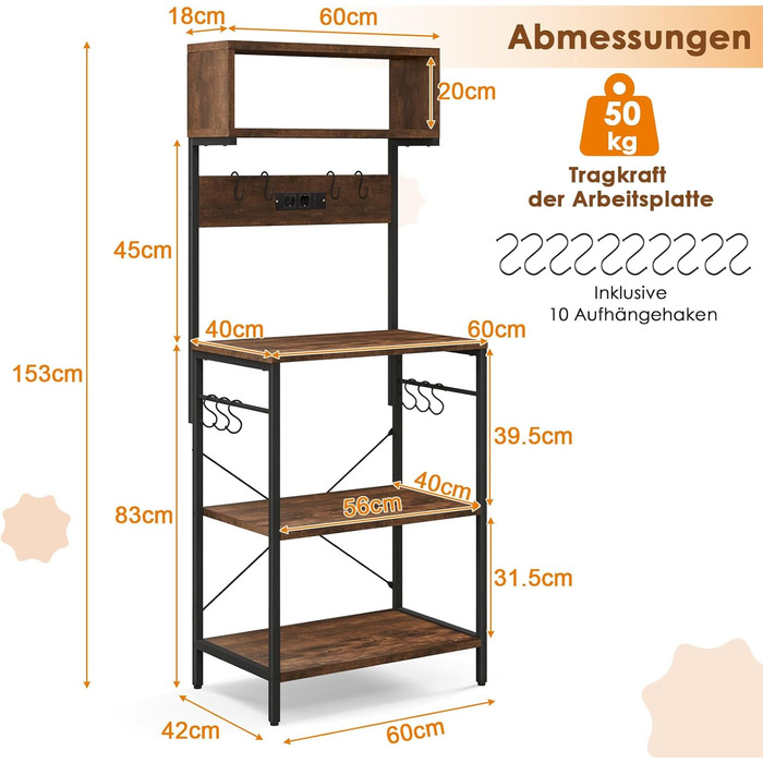 Стельовий стелаж COSTWAY для кухні з розеткою, з гачками, 60 x 42 x 153 см