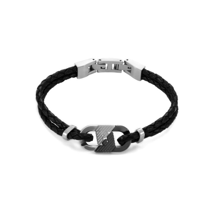 Браслет Emporio Armani чоловічий з нержавіючої сталі або шкіри з застібкою-ланцюжком (Чорний)
