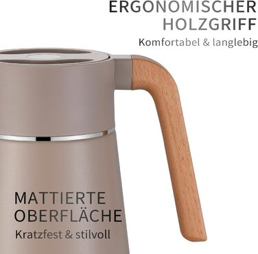 VETIN 1.5L Thermos Flask 304 Stainless Steel Double-Walled Vacuum Insulation, Coffee Pot Thermo with Wood-Look Handle, Insulated Carafe 10h Heat / 16h Cold (Khaki)