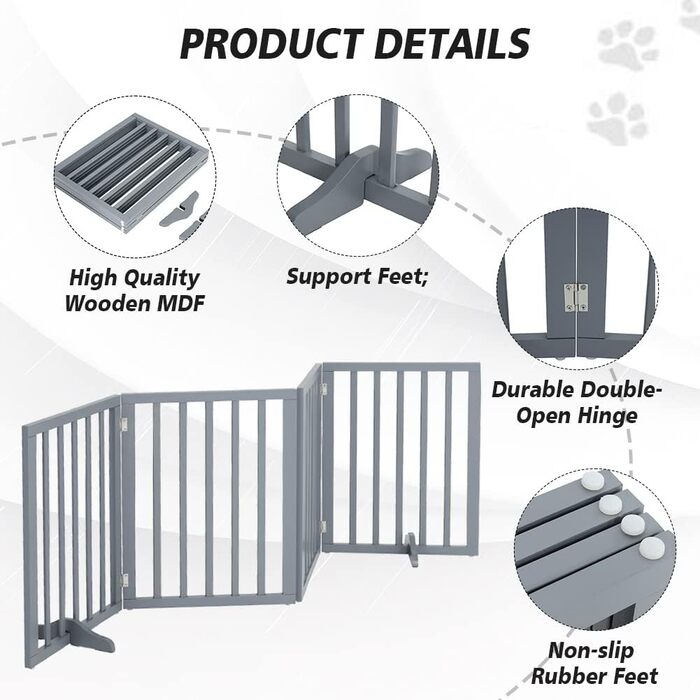 Захисний бар'єр для собак, дерев'яний, розкладний, без свердління, 4 панелі, 183x60 см, білий