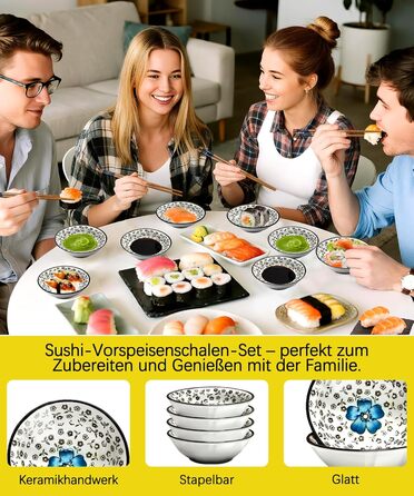 Набір для суші на 4 особи, 12 шт. з кераміки, круглий, з візерунком квітки сливи. Ідеальний подарунок на свята.