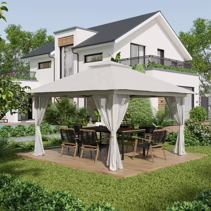 Outsunny Pop-Up Gazebo 4x4 m with 4 Mosquito Nets, Adjustable Height, UV Protection, Double Roof, Carry Bag, Cream White for Garden & Events