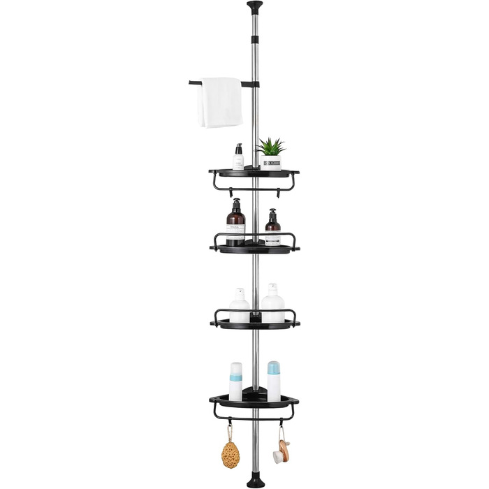 GRICOL Adjustable Height Shower Shelf No Drilling Corner Shelf Stainless Steel Corner Shelf Bathroom Shelf with 4 Baskets and 1 Towel Holder for Bathtub and Bathroom, Rustproof, 95-305CM, Black