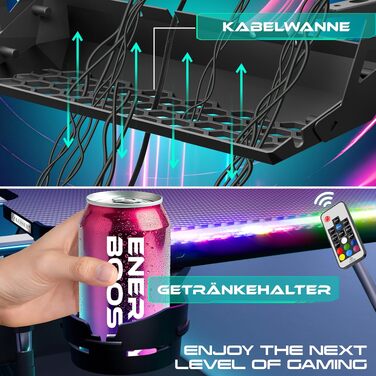 Ігровий стіл KESSER Gaming 180x80 см, Z-подібний ергономічний комп'ютерний стіл з карбоновим покриттям, підсвіткою LED, підставкою для напоїв та гачком для навушників, чорний