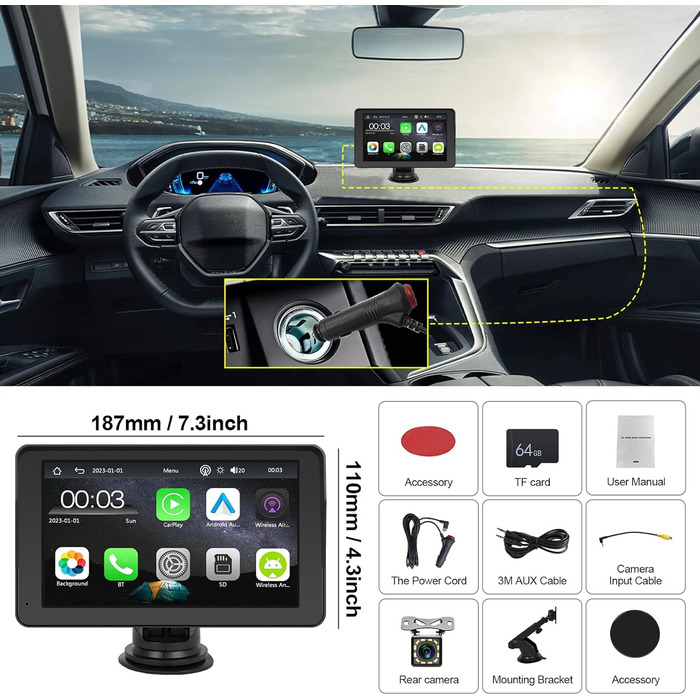 Автомобільна навігація CAMECHO 2025 з 7'' HD дисплеєм, бездротовим CarPlay та Android Auto, Bluetooth, FM-трансмітером, AirPlay, AUX, кріпленням на панель, камерою заднього виду, 64ГБ TF-карта