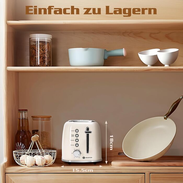 Тостер Aigostar 2-х секційний, Ретро, Кремовий, 800W, 6 рівнів підсмажування, Функції: Bagel, розморожування, підігрів, відміна