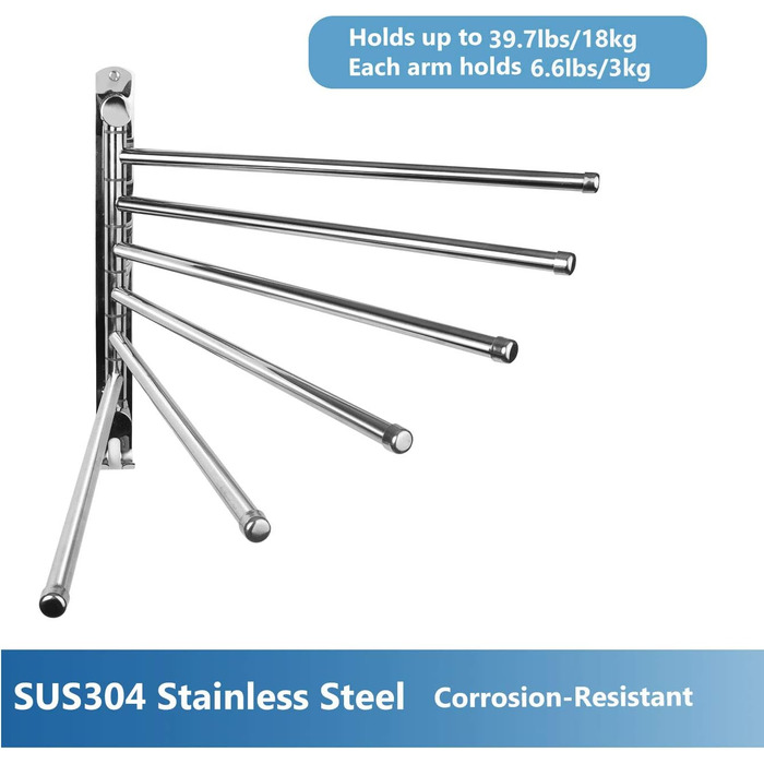 Кріплення для рушників JSVER з нержавіючої сталі, 180° поворот, 6 кріплень, з гачками, для ванної, кухні та гардеробу