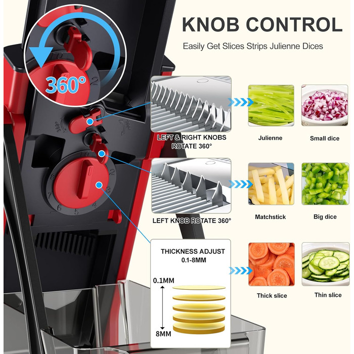 Мандоліна слайсер ONCE FOR ALL Upgrade Safe: великий, регульований подрібнювач овочів та продуктів, для нарізки картоплі фрі, знімні леза (червоний/чорний)