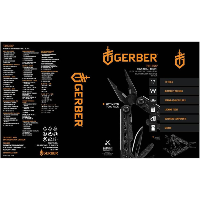 Gerber Multi-Tool with Nylon Sheath and 17 Functions, Truss Multi-Tool, Black, 30-001780