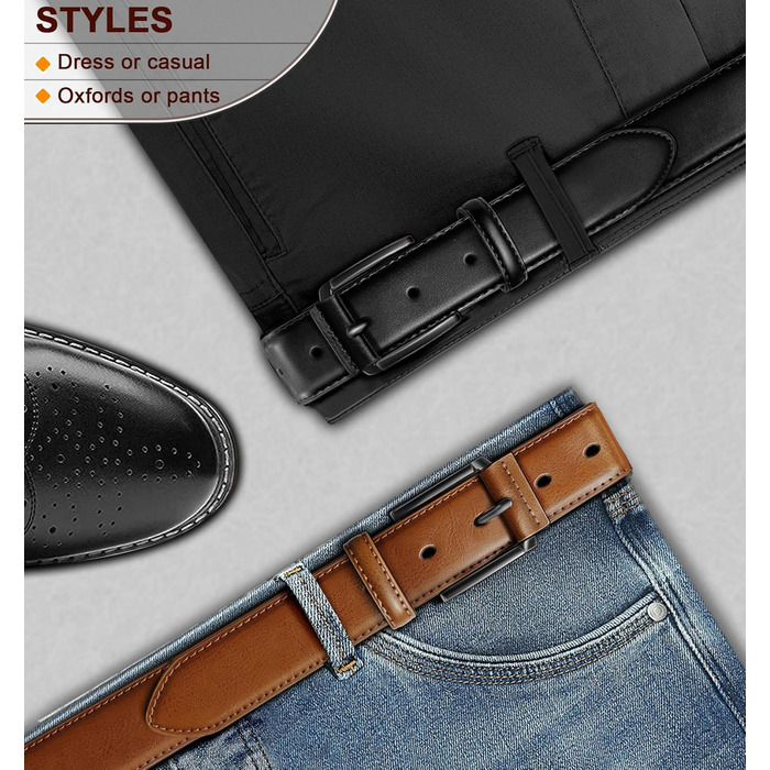 Чоловічий ремінь KEMISANT 2 шт. – шкіряний ремінь для чоловіків, повсякденний, для гольфу, до джинсів, 3,5 см (2 шт., Чорний/Tawny6327, 44-46)