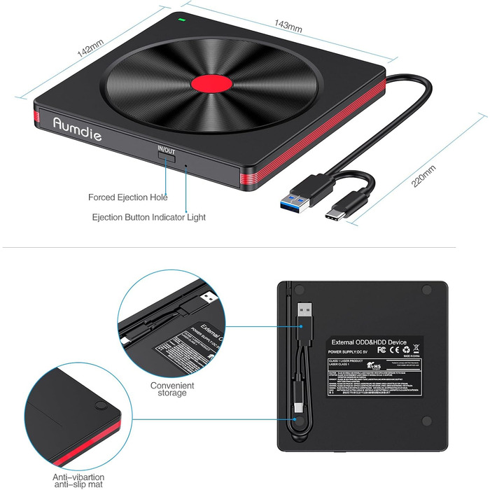 Зовнішній DVD-накопичувач та CD-привід USB 3.0 / USB-C, зовнішній DVD-записувач для ноутбука, ПК, Mac, Windows 11/10/8.1/7, Linux, чорний