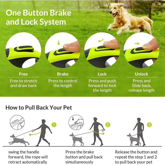 Рулетка для собак, 4.6 м, для малих, середніх та великих собак до 110 кг, міцна, з блокуванням, зелена