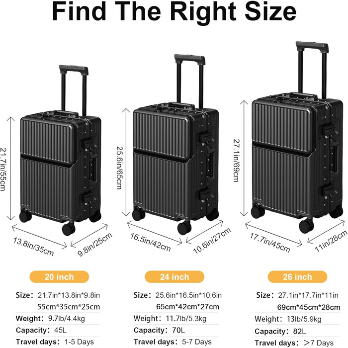 Чемодан ручної поклажі для весни/літа, відповідає вимогам авіакомпаній, з TSA-замком, 360° колесами, PC-корпусом та міцним алюмінієвим каркасом, підходить для розмірів 20'', 24'' та 26'' (20'', 24'') Чорний