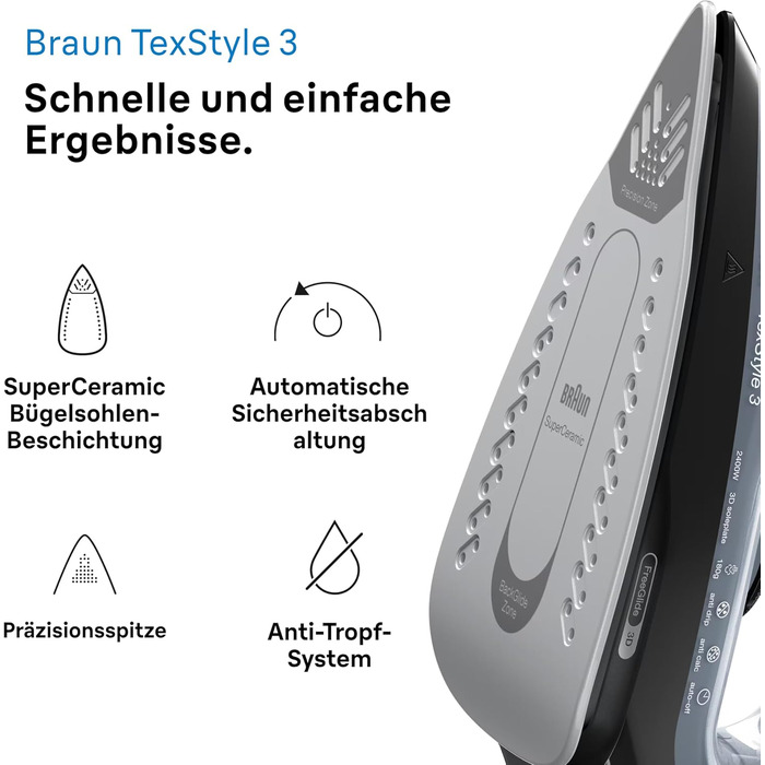 Праска з парою Braun FreeStyle 3 FI3124 PU, 2400 Вт, чорний/фіолетовий, технологія FreeGlide 3D, підошва SuperCeramic, Ultimate FastClean, автовимкнення, вертикальне прасування