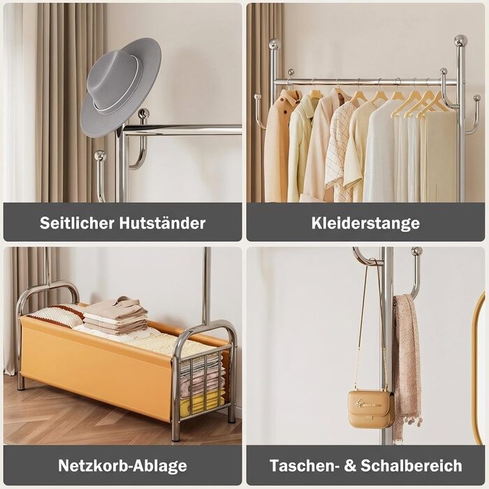 Вішалка для одягу з нержавіючої сталі з кошиком для білизни, міцна, витримує до 115 кг, 3-в-1, для спальні, коридору - UP01