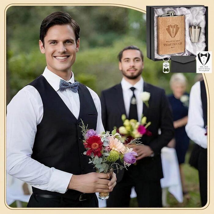 Персоналізований набір фляг 8oz з гравіюванням – фляга з нержавіючої сталі, 4 склянки, воронка & подарункова коробка для дружків, подарунок на весілля для чоловіків та жінок (колір дерева)