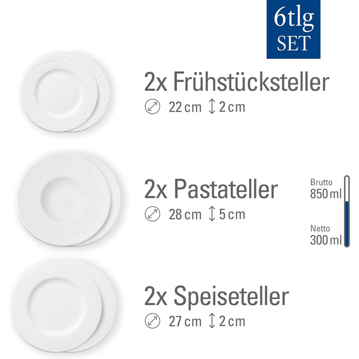 Набір посуду Villeroy & Boch Manufacture Rock Blanc (6 предметів) для 2 осіб, білий. Преміум фарфор, безпечний у мийці та мікрохвильовій печі. Тарілки, сервіз, сучасний дизайн.