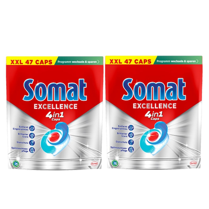Капсули для посудомийних машин Somat Excellence 4in1, швидкорозчинні та без запаху, для ідеальної чистоти та блиску в Eco-режимі, 176 шт (47 шт x 4 пак)