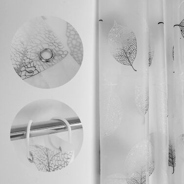 Шторка для душу 180x200 см, біла з листям, антигрибкова, з 12 гачками, для дому, готелю, ванної кімнати